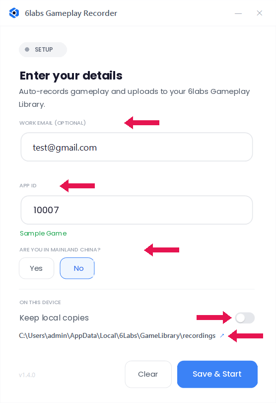 The Gameplay Recorder setup window showing the Enter your details form, with fields for Work email (optional) and App ID, a Mainland China Yes/No selector, a Keep local copies toggle, a link to the recordings folder, and a Save and Start button.