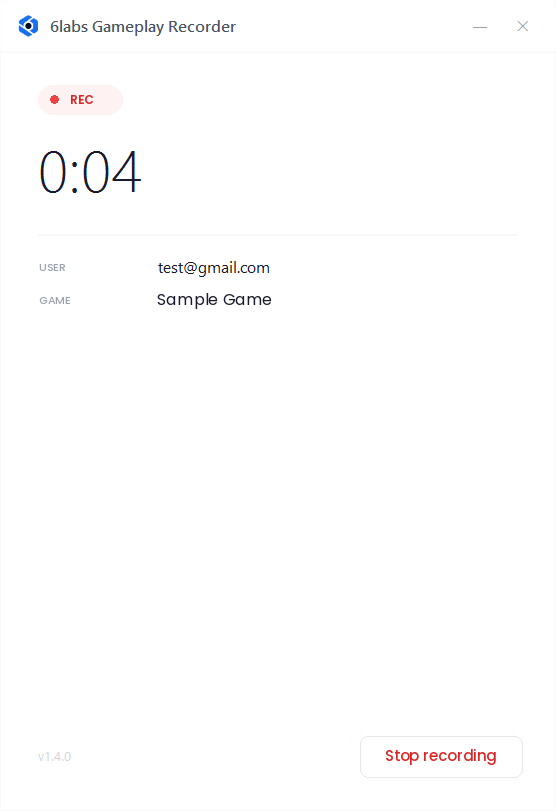 The Gameplay Recorder window in the REC state, showing an elapsed clock at 0:04 and a Stop recording button.