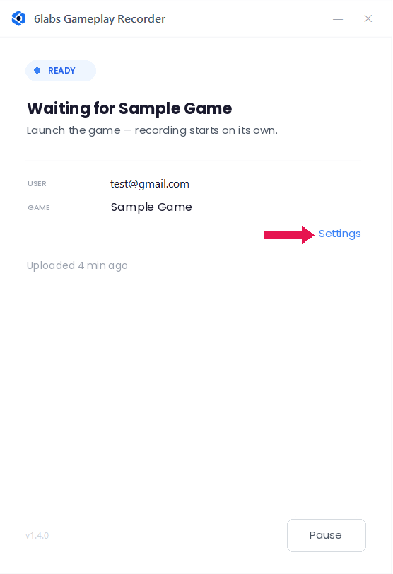 The Gameplay Recorder window in the READY state, showing Waiting for Sample Game, with the Settings link highlighted.